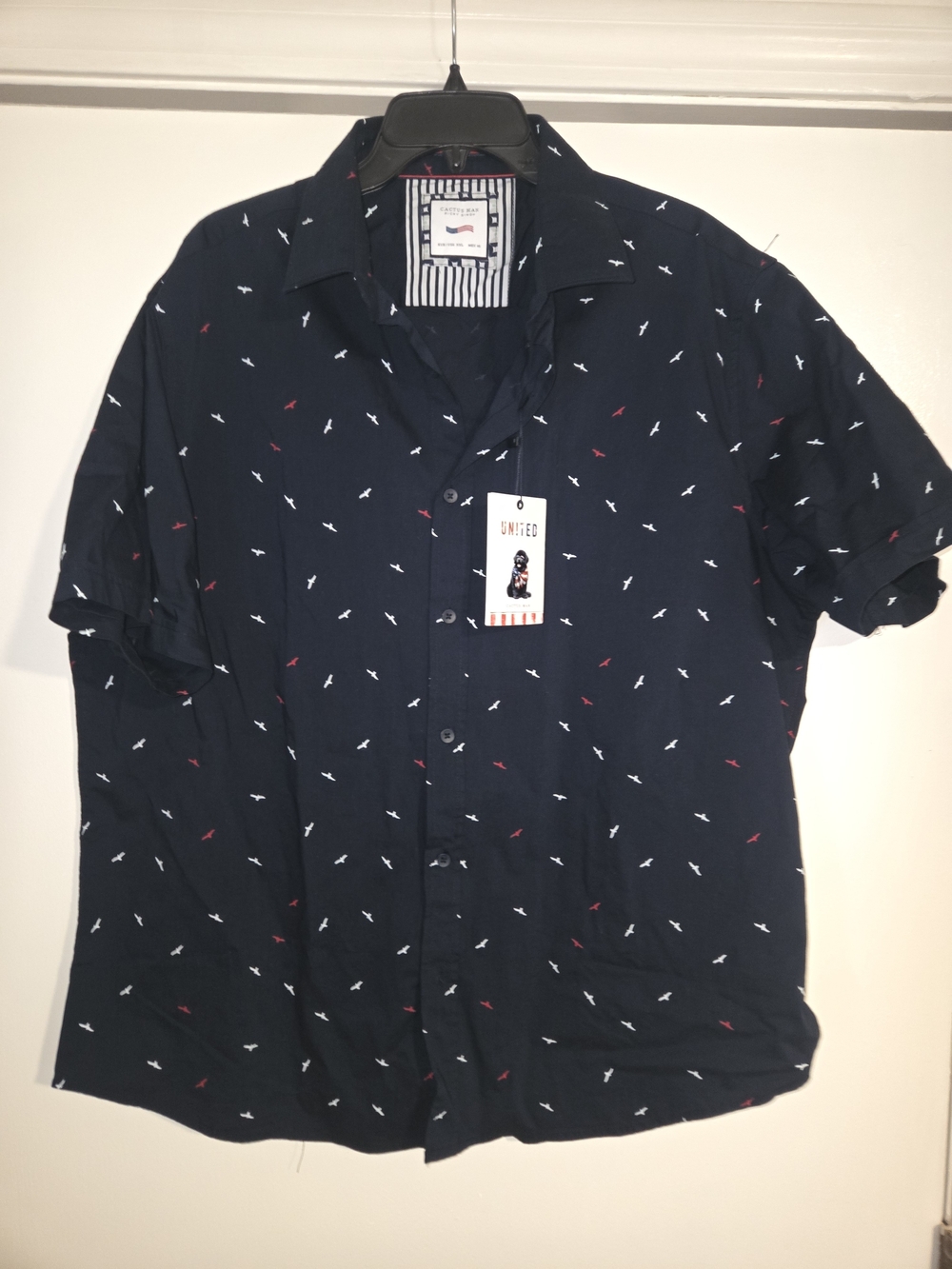 Cactus Navy Short-Sleeve Button-Down Shirt with Red & White Micro Print